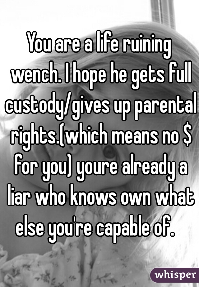 You are a life ruining wench. I hope he gets full custody/gives up parental rights.(which means no $ for you) youre already a liar who knows own what else you're capable of.   