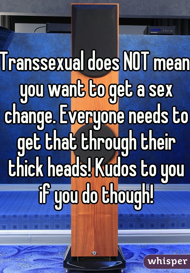 Transsexual does NOT mean you want to get a sex change. Everyone needs to get that through their thick heads! Kudos to you if you do though!