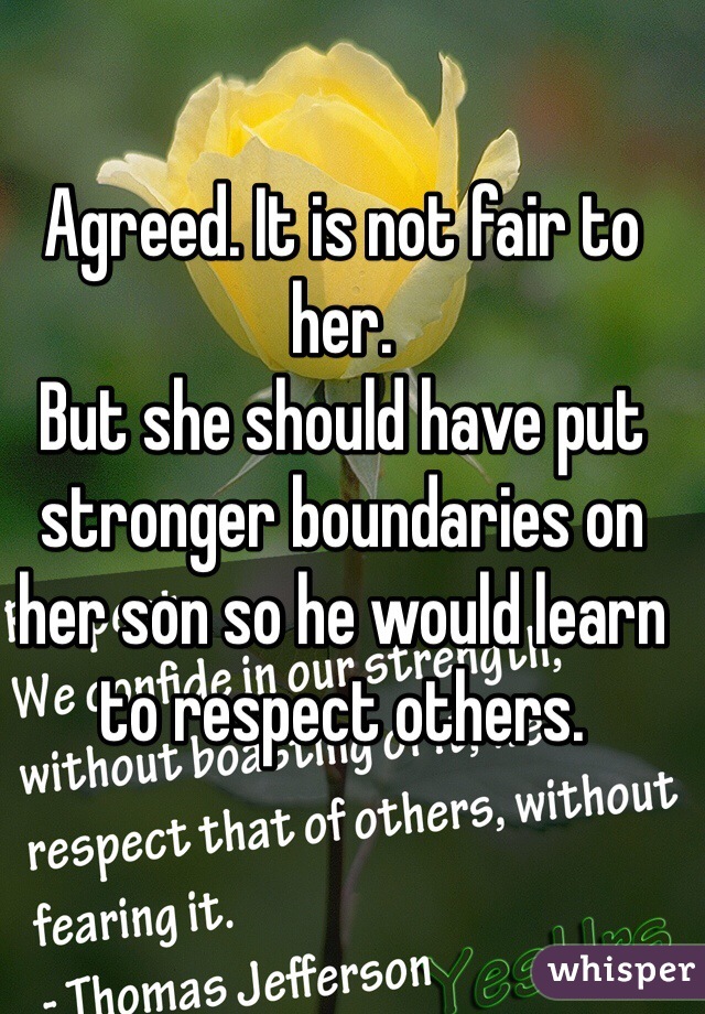 Agreed. It is not fair to her. 
But she should have put stronger boundaries on her son so he would learn to respect others.