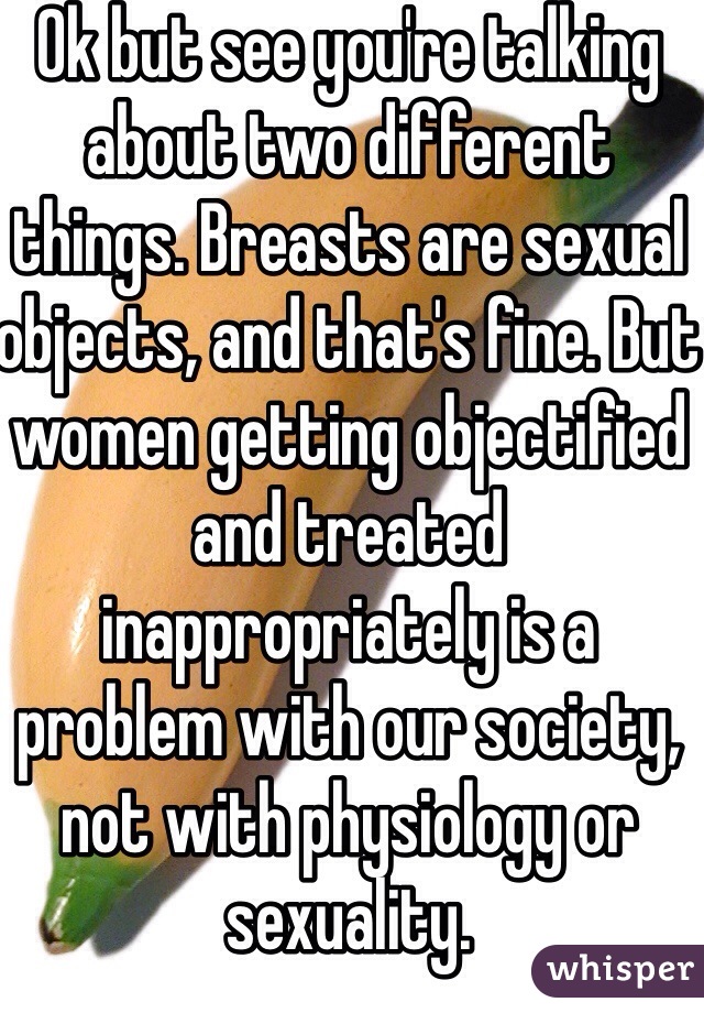 Ok but see you're talking about two different things. Breasts are sexual objects, and that's fine. But women getting objectified and treated inappropriately is a problem with our society, not with physiology or sexuality.