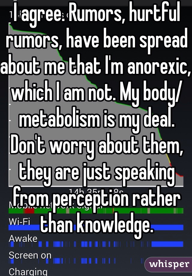 I agree. Rumors, hurtful rumors, have been spread about me that I'm anorexic, which I am not. My body/metabolism is my deal. Don't worry about them, they are just speaking from perception rather than knowledge. 