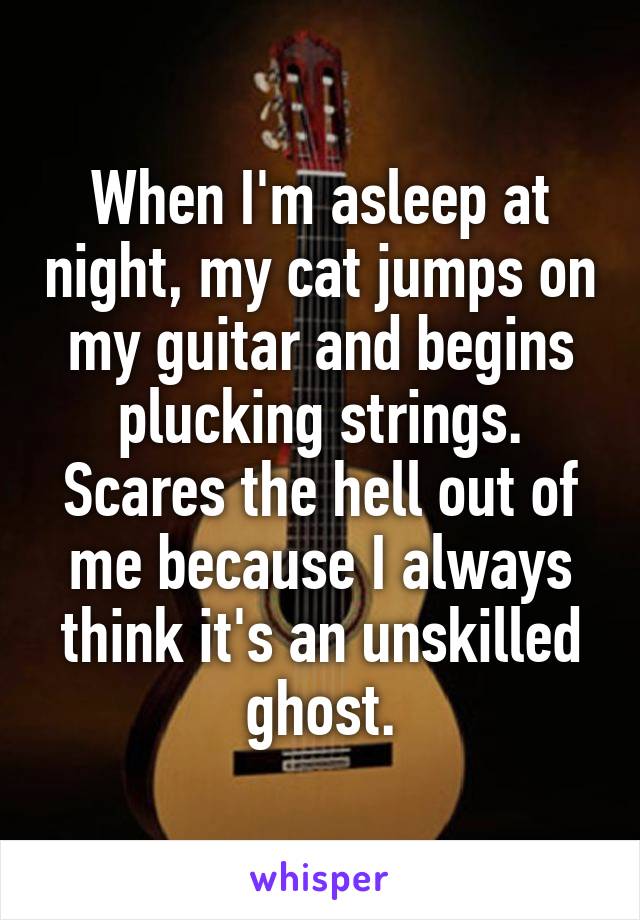 When I'm asleep at night, my cat jumps on my guitar and begins plucking strings. Scares the hell out of me because I always think it's an unskilled ghost.