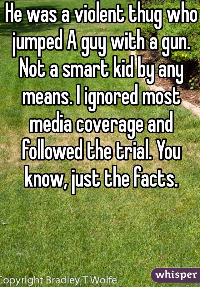 He was a violent thug who jumped A guy with a gun. Not a smart kid by any means. I ignored most media coverage and followed the trial. You know, just the facts. 