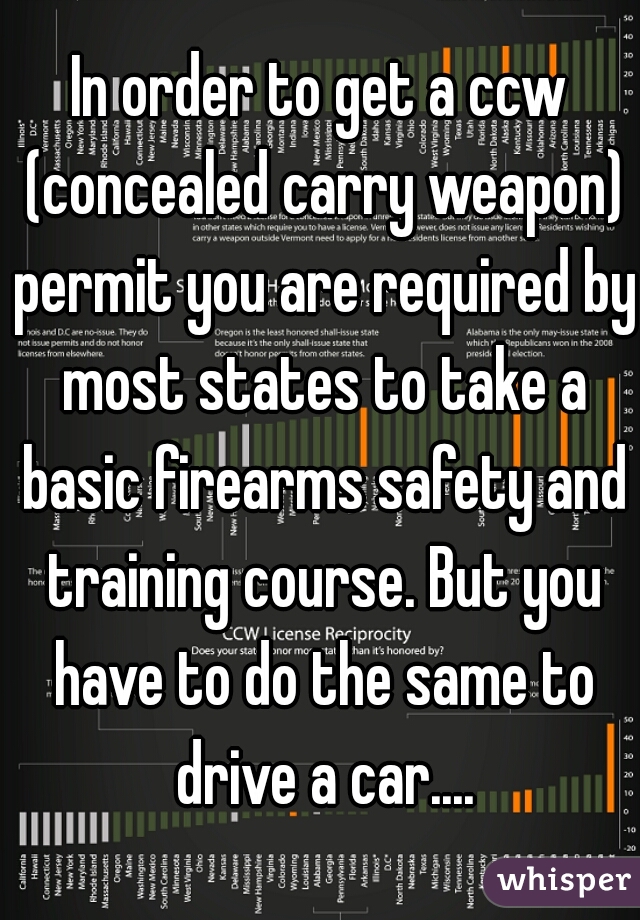 In order to get a ccw (concealed carry weapon) permit you are required by most states to take a basic firearms safety and training course. But you have to do the same to drive a car....