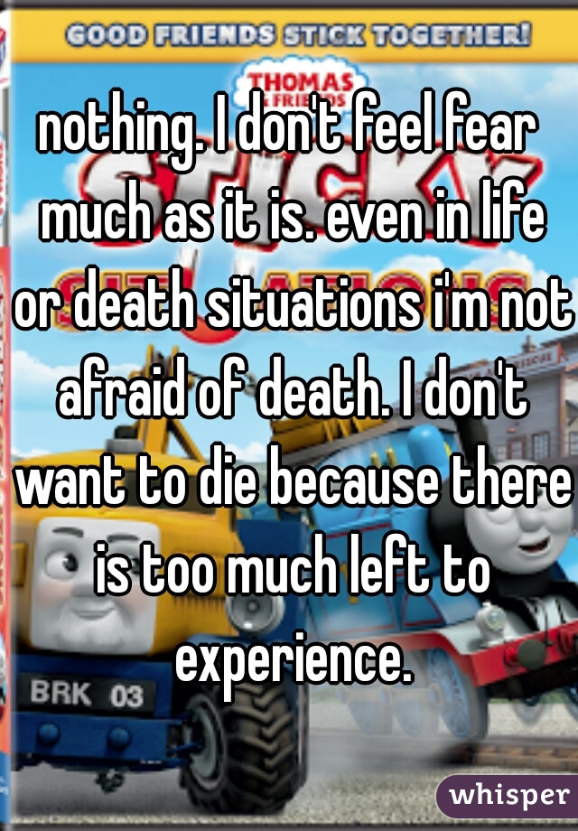 nothing. I don't feel fear much as it is. even in life or death situations i'm not afraid of death. I don't want to die because there is too much left to experience.