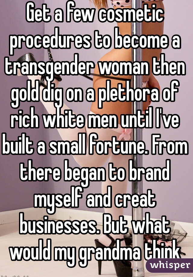 Get a few cosmetic procedures to become a transgender woman then gold dig on a plethora of rich white men until I've built a small fortune. From there began to brand myself and creat businesses. But what would my grandma think 😱