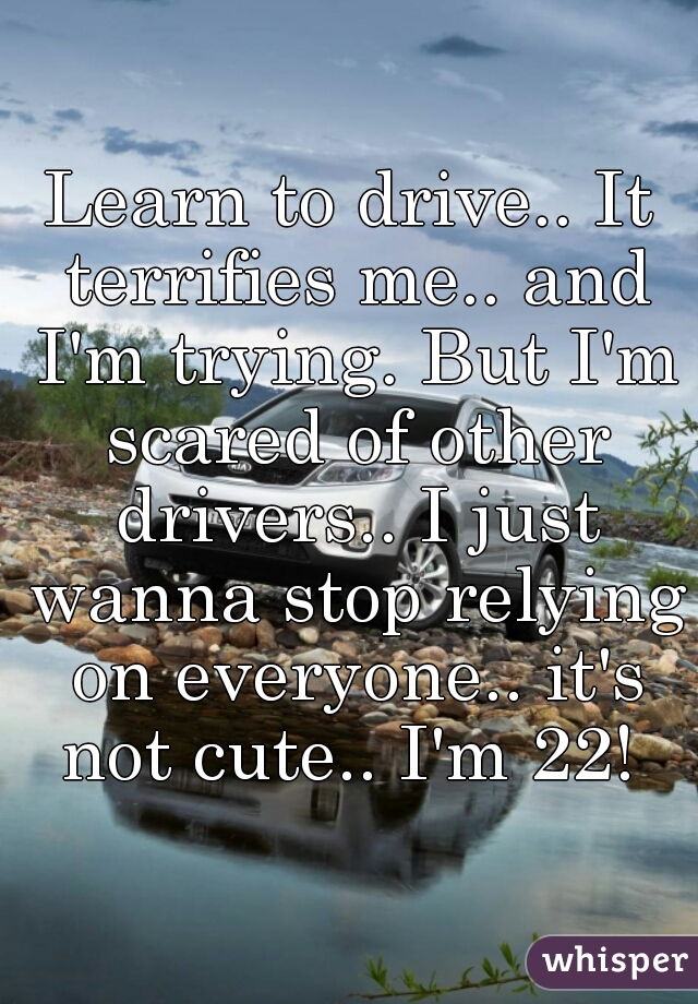 Learn to drive.. It terrifies me.. and I'm trying. But I'm scared of other drivers.. I just wanna stop relying on everyone.. it's not cute.. I'm 22! 