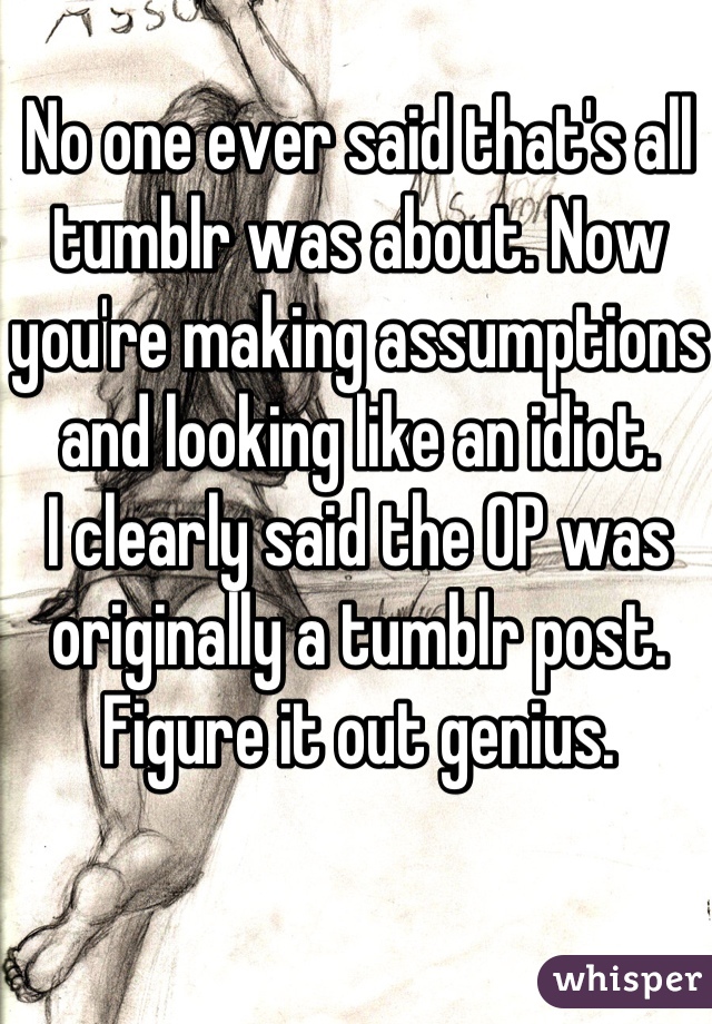 No one ever said that's all tumblr was about. Now you're making assumptions and looking like an idiot. 
I clearly said the OP was originally a tumblr post. Figure it out genius.