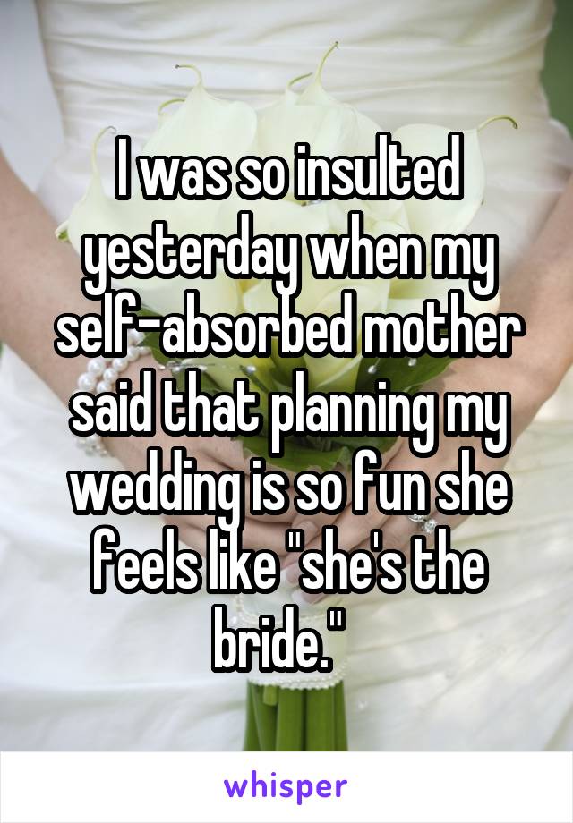 I was so insulted yesterday when my self-absorbed mother said that planning my wedding is so fun she feels like "she's the bride."  