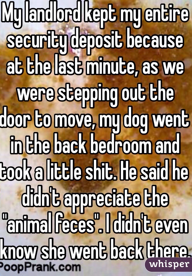 My landlord kept my entire security deposit because at the last minute, as we were stepping out the door to move, my dog went in the back bedroom and took a little shit. He said he didn't appreciate the "animal feces". I didn't even know she went back there.