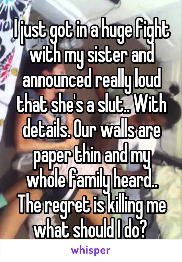I just got in a huge fight with my sister and announced really loud that she's a slut.. With details. Our walls are paper thin and my whole family heard.. The regret is killing me what should I do? 