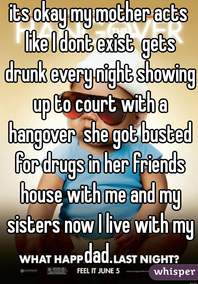 its okay my mother acts like I dont exist  gets drunk every night showing up to court with a hangover  she got busted for drugs in her friends house with me and my sisters now I live with my dad. 