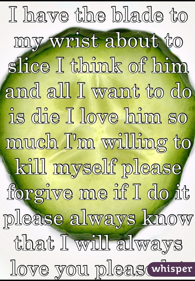 I have the blade to my wrist about to slice I think of him and all I want to do is die I love him so much I'm willing to kill myself please forgive me if I do it please always know that I will always love you please let me know if you don't want me gone. Your the only guy to make me smile