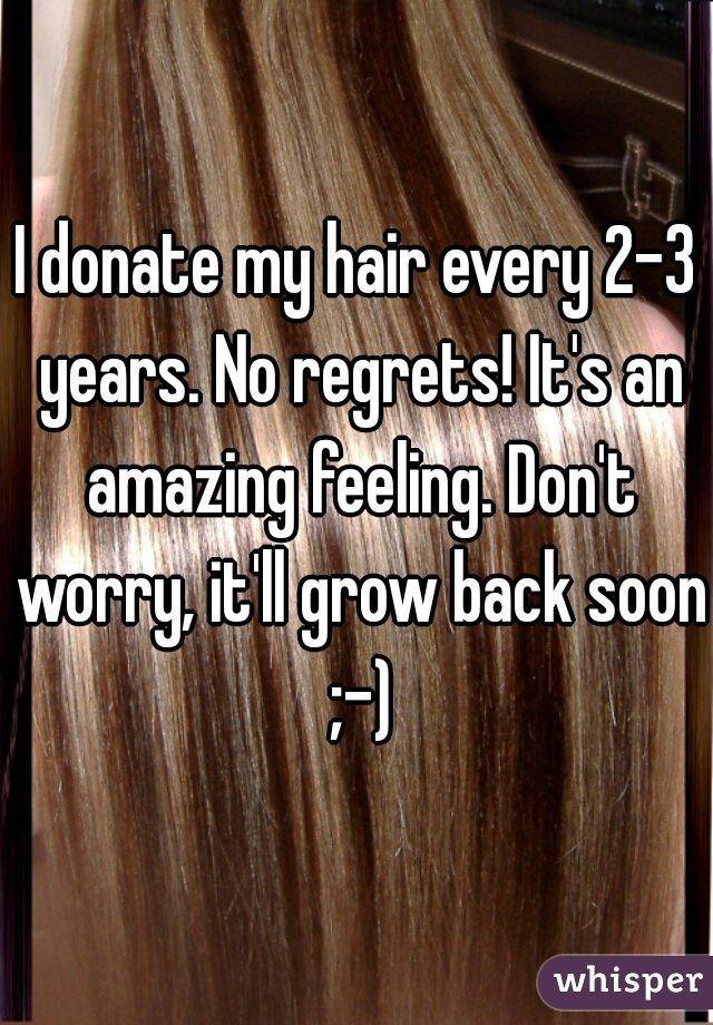 I donate my hair every 2-3 years. No regrets! It's an amazing feeling. Don't worry, it'll grow back soon ;-)