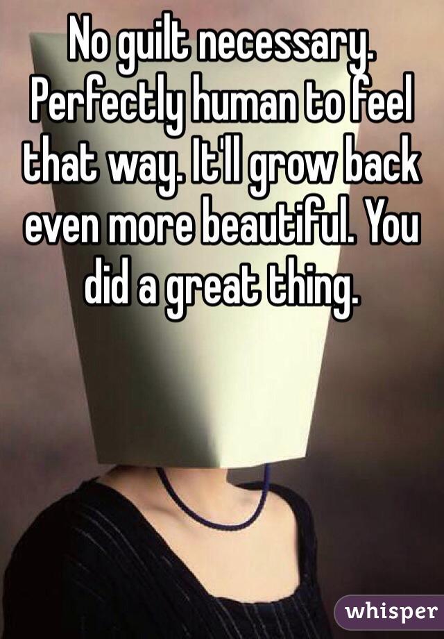 No guilt necessary. Perfectly human to feel that way. It'll grow back even more beautiful. You did a great thing. 