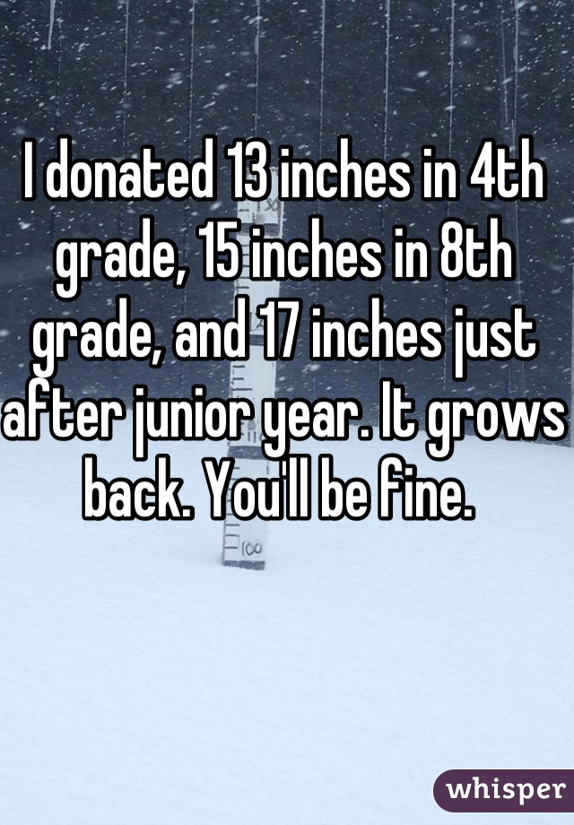 I donated 13 inches in 4th grade, 15 inches in 8th grade, and 17 inches just after junior year. It grows back. You'll be fine. 