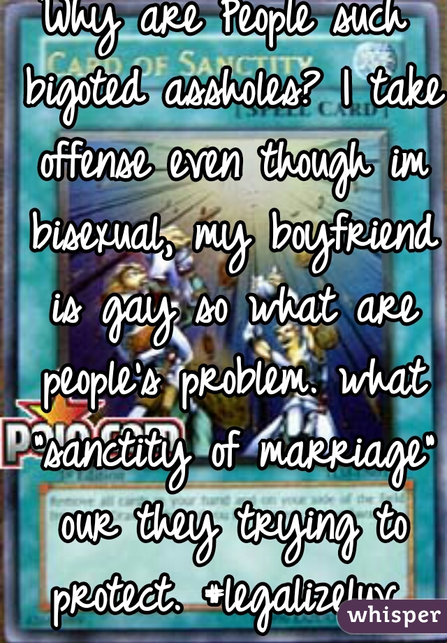 Why are People such bigoted assholes? I take offense even though im bisexual, my boyfriend is gay so what are people's problem. what "sanctity of marriage" our they trying to protect. #legalizeluv 