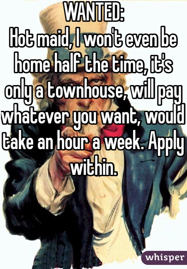 WANTED:
Hot maid, I won't even be home half the time, it's only a townhouse, will pay whatever you want, would take an hour a week. Apply within. 