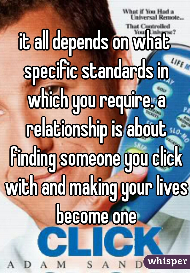 it all depends on what specific standards in which you require. a relationship is about finding someone you click with and making your lives become one
