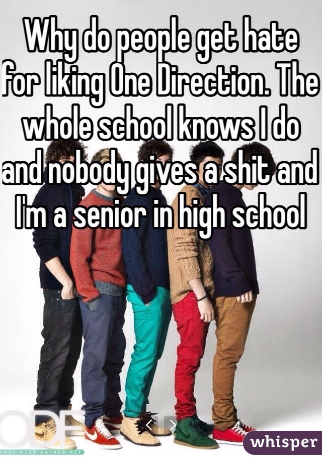 Why do people get hate for liking One Direction. The whole school knows I do and nobody gives a shit and I'm a senior in high school 