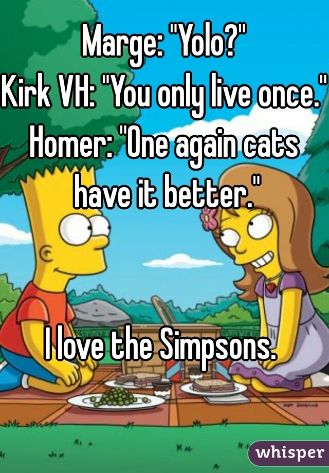 Marge: "Yolo?"
Kirk VH: "You only live once."
Homer: "One again cats have it better."
   

      
I love the Simpsons. 