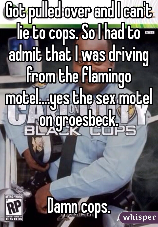 Got pulled over and I can't lie to cops. So I had to admit that I was driving from the flamingo motel....yes the sex motel on groesbeck. 



Damn cops. 