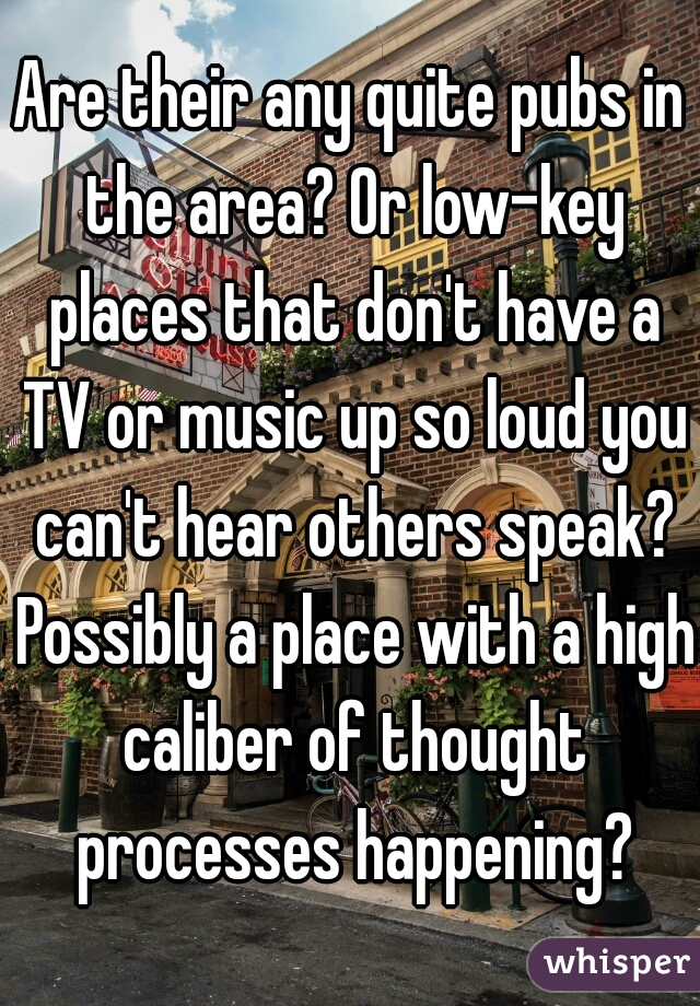 Are their any quite pubs in the area? Or low-key places that don't have a TV or music up so loud you can't hear others speak? Possibly a place with a high caliber of thought processes happening?
