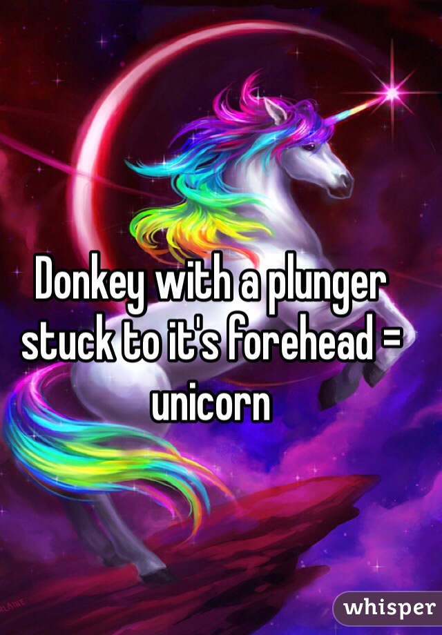 Donkey with a plunger stuck to it's forehead = unicorn 
