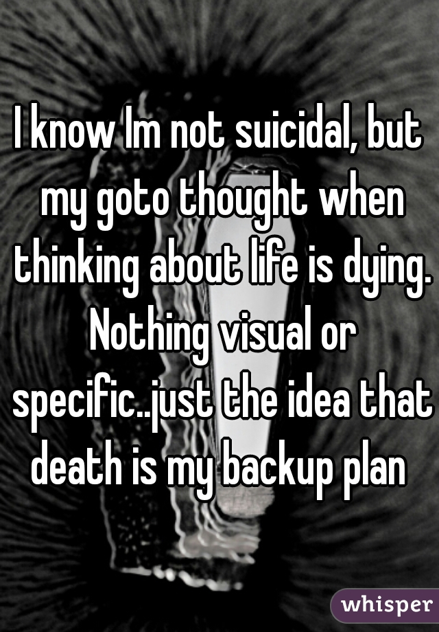 I know Im not suicidal, but my goto thought when thinking about life is dying. Nothing visual or specific..just the idea that death is my backup plan 