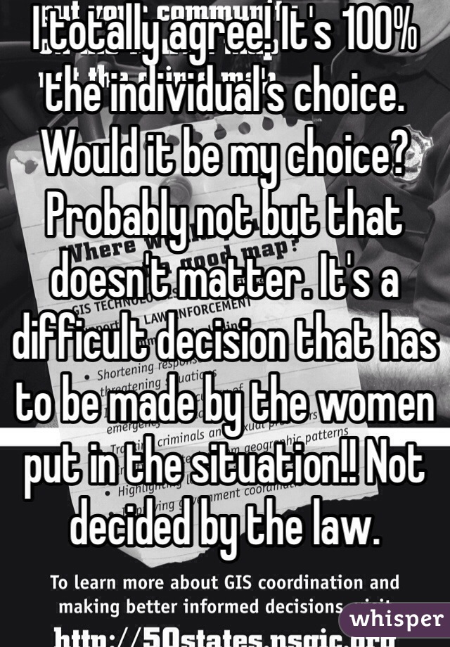 I totally agree! It's 100% the individual's choice. Would it be my choice? Probably not but that doesn't matter. It's a difficult decision that has to be made by the women put in the situation!! Not decided by the law. 