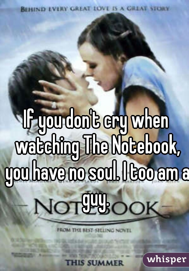 If you don't cry when watching The Notebook, you have no soul. I too am a guy. 