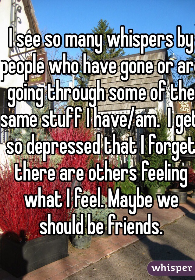 I see so many whispers by people who have gone or are going through some of the same stuff I have/am.  I get so depressed that I forget there are others feeling what I feel. Maybe we should be friends.