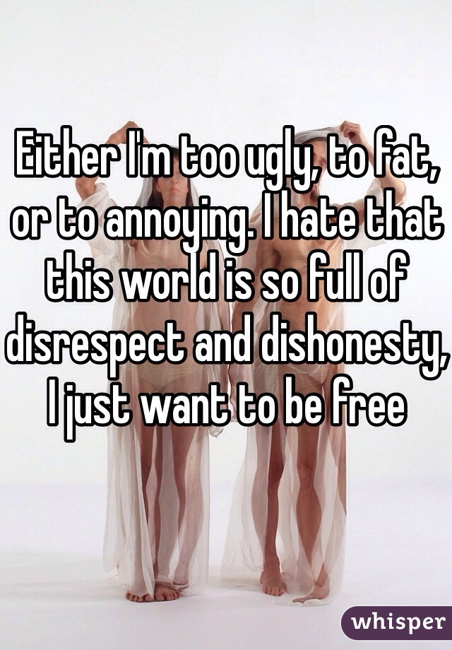 Either I'm too ugly, to fat, or to annoying. I hate that this world is so full of disrespect and dishonesty, I just want to be free