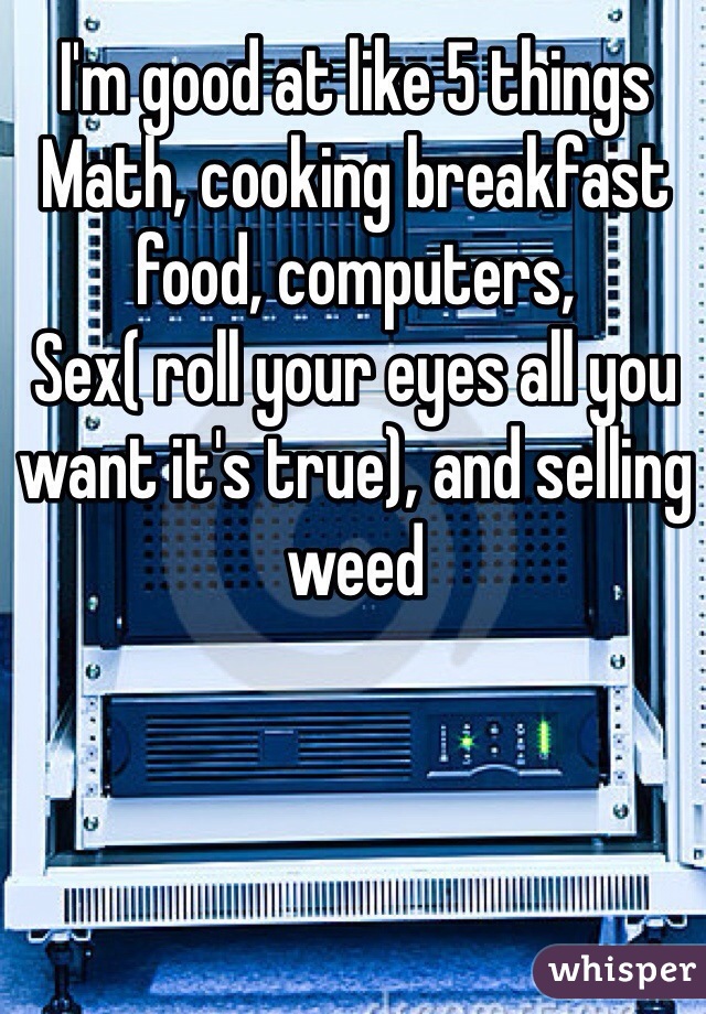 I'm good at like 5 things
Math, cooking breakfast food, computers,
Sex( roll your eyes all you want it's true), and selling weed