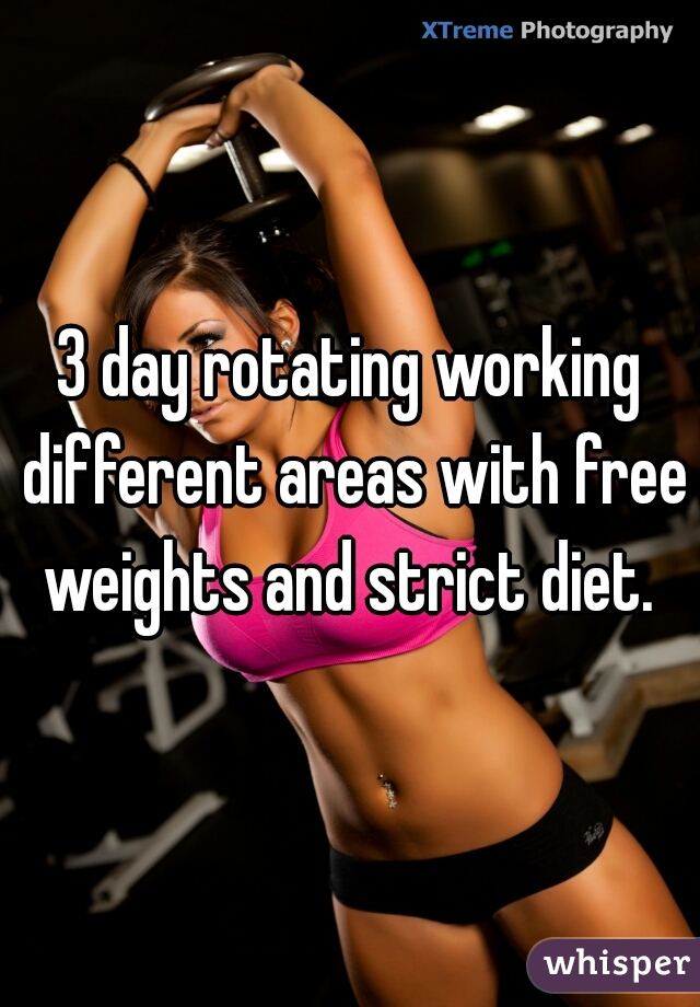 3 day rotating working different areas with free weights and strict diet. 