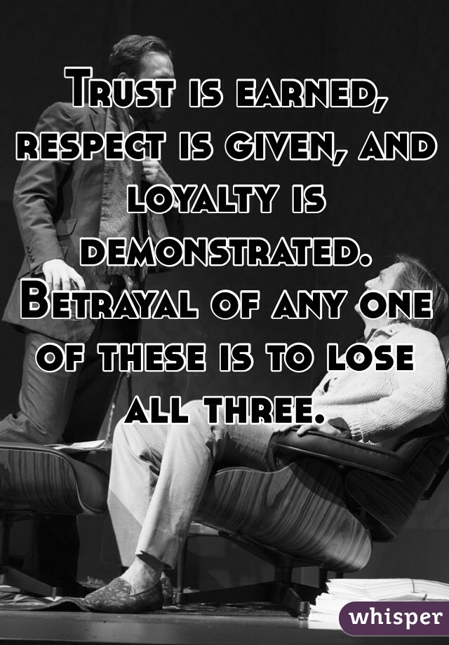 Trust is earned, respect is given, and loyalty is demonstrated. Betrayal of any one of these is to lose all three. 