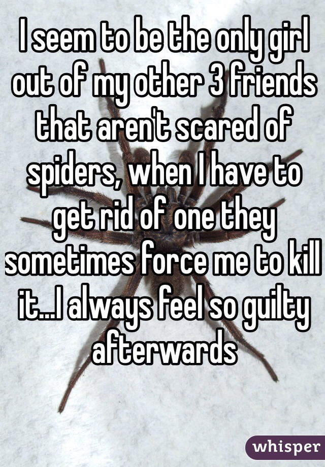 I seem to be the only girl out of my other 3 friends that aren't scared of spiders, when I have to get rid of one they sometimes force me to kill it...I always feel so guilty afterwards 