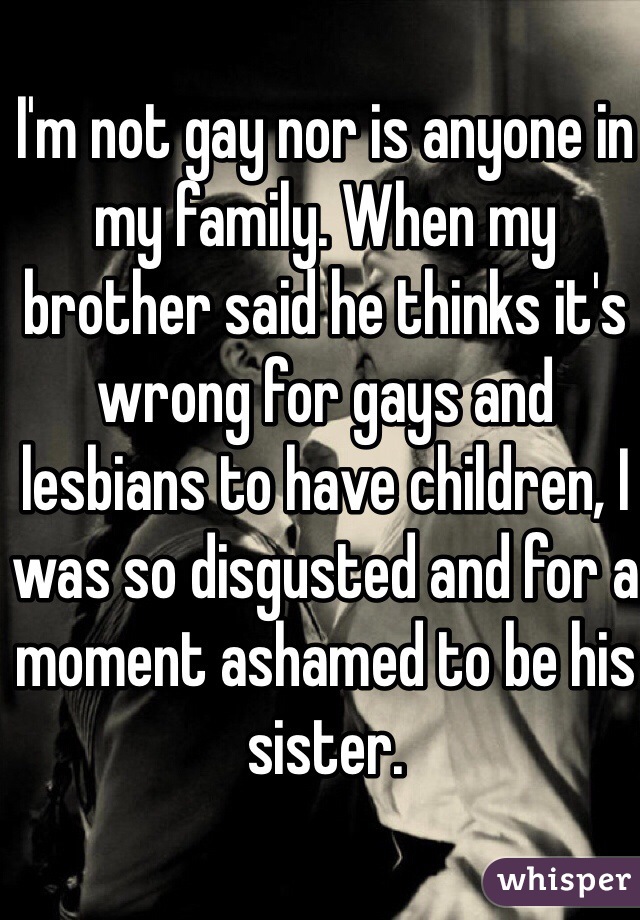 I'm not gay nor is anyone in my family. When my brother said he thinks it's wrong for gays and lesbians to have children, I was so disgusted and for a moment ashamed to be his sister. 
