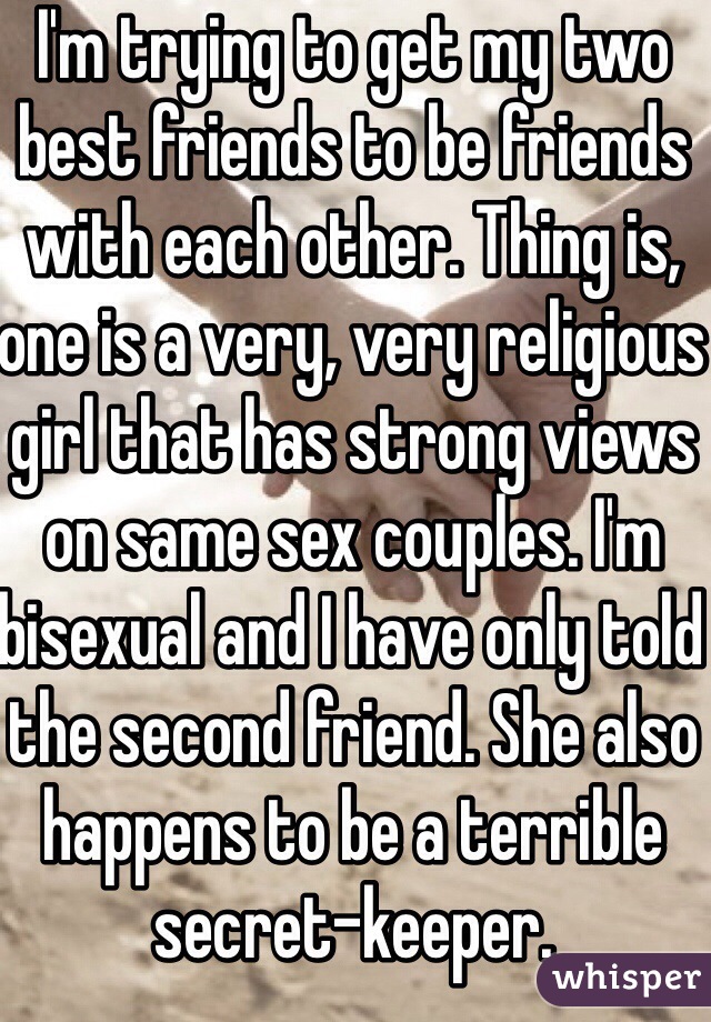 I'm trying to get my two best friends to be friends with each other. Thing is, one is a very, very religious girl that has strong views on same sex couples. I'm bisexual and I have only told the second friend. She also happens to be a terrible secret-keeper.