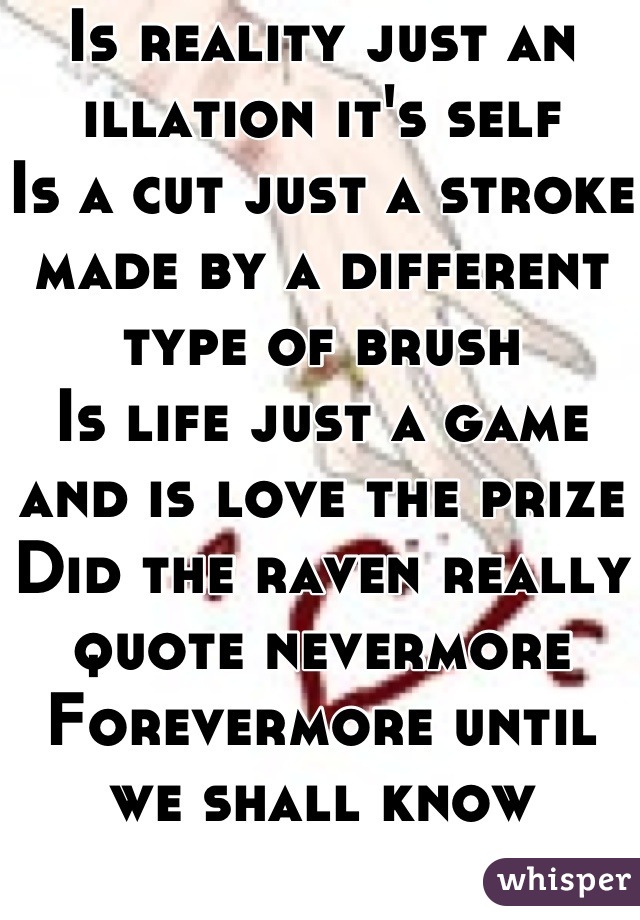 Is reality just an illation it's self
Is a cut just a stroke  made by a different type of brush 
Is life just a game and is love the prize 
Did the raven really quote nevermore 
Forevermore until we shall know 