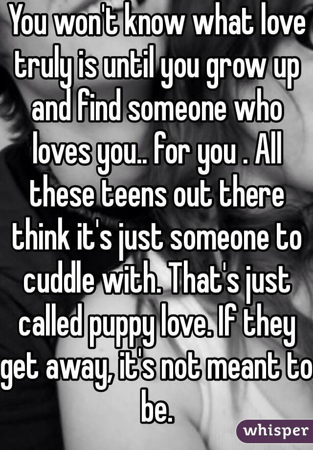 You won't know what love truly is until you grow up and find someone who loves you.. for you . All these teens out there think it's just someone to cuddle with. That's just called puppy love. If they get away, it's not meant to be.  