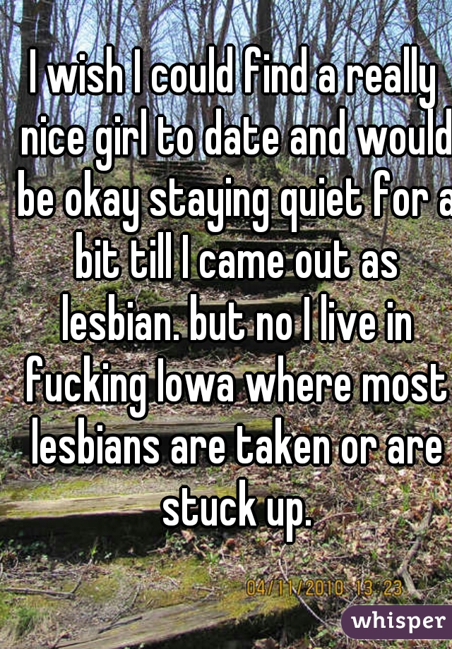 I wish I could find a really nice girl to date and would be okay staying quiet for a bit till I came out as lesbian. but no I live in fucking Iowa where most lesbians are taken or are stuck up.