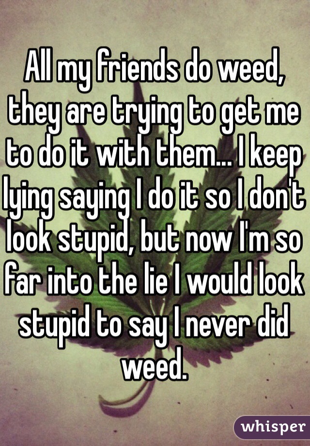 All my friends do weed, they are trying to get me to do it with them... I keep lying saying I do it so I don't look stupid, but now I'm so far into the lie I would look stupid to say I never did weed. 