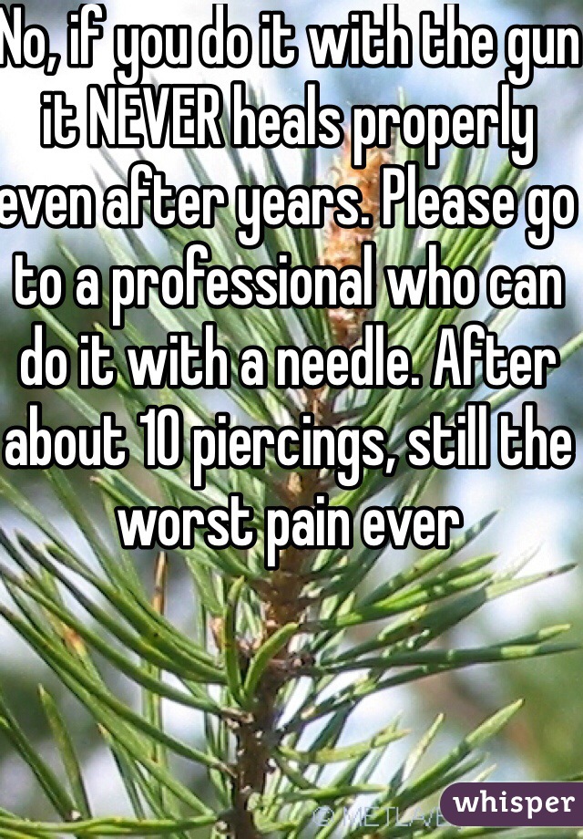 No, if you do it with the gun it NEVER heals properly even after years. Please go to a professional who can do it with a needle. After about 10 piercings, still the worst pain ever