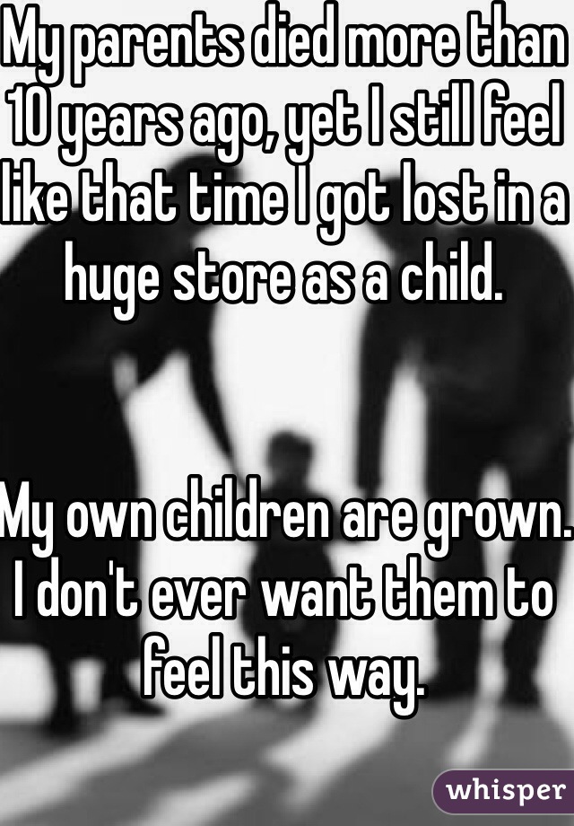 My parents died more than 10 years ago, yet I still feel like that time I got lost in a huge store as a child. 


My own children are grown. I don't ever want them to feel this way.