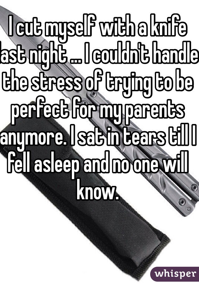 I cut myself with a knife last night ... I couldn't handle the stress of trying to be perfect for my parents anymore. I sat in tears till I fell asleep and no one will know. 