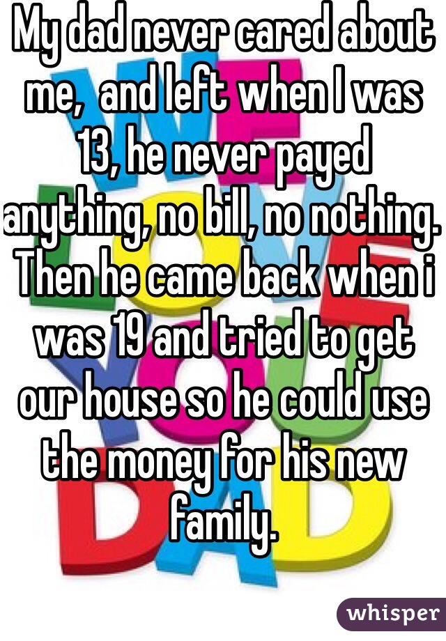 My dad never cared about me,  and left when I was 13, he never payed anything, no bill, no nothing. Then he came back when i was 19 and tried to get our house so he could use the money for his new family. 