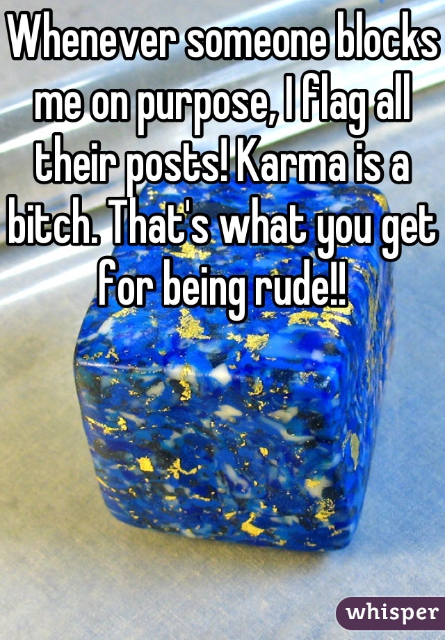 Whenever someone blocks me on purpose, I flag all their posts! Karma is a bitch. That's what you get for being rude!!