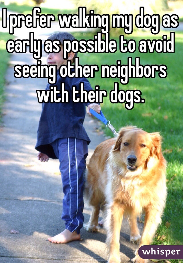 I prefer walking my dog as early as possible to avoid seeing other neighbors with their dogs. 
