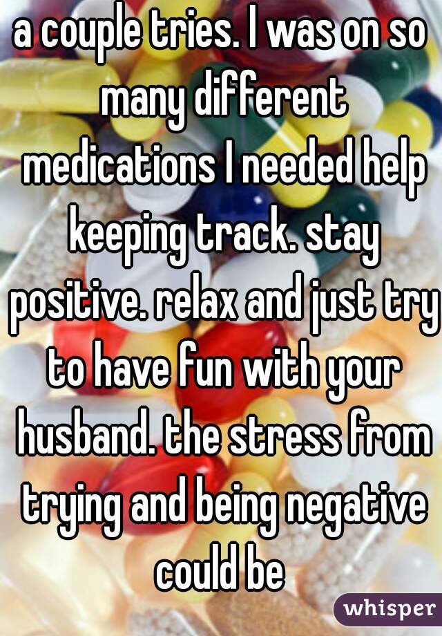 a couple tries. I was on so many different medications I needed help keeping track. stay positive. relax and just try to have fun with your husband. the stress from trying and being negative could be 